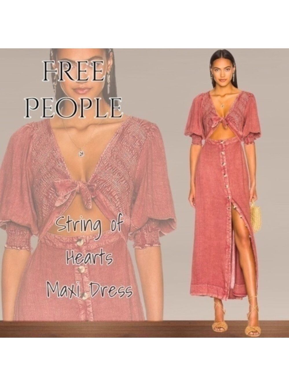 FREE PEOPLE $168 String of Hearts Cutout-Tie-Bodice Button Maxi Dress-Rose/Md